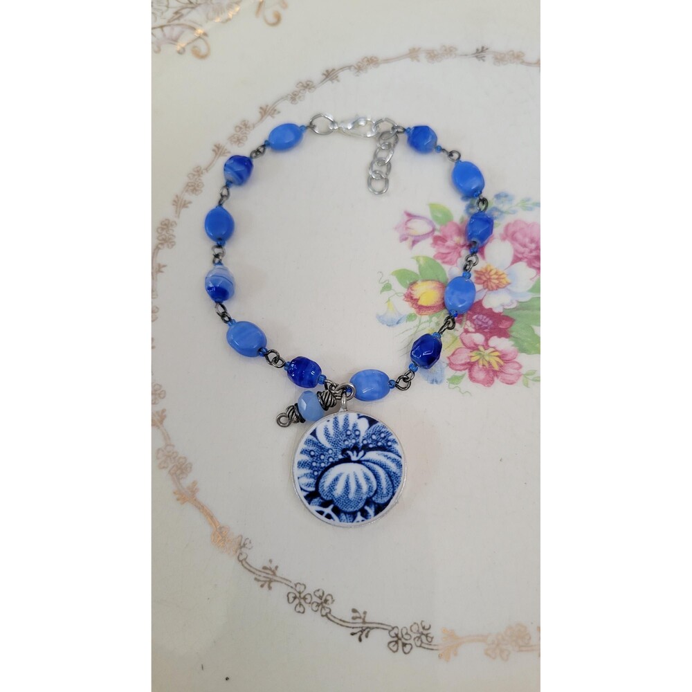 Broken China Blue & White Charm on Fused Glass Beaded Bracelet